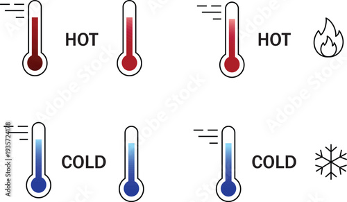 Thermometer with hot and cold temperatures and corresponding symbols thermometers
