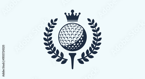 Golf Ball with Crown and Laurel Wreath Emblem on Light Blue Background