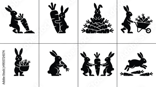 Vector illustrations of playful rabbits engaging with carrots in various scenarios