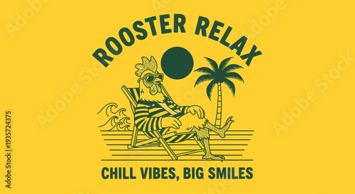 Rooster Relaxing on a Beach Chair.