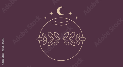 Mystical Celestial Moon and Stars Emblem with Laurel Branch