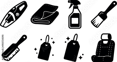 Flat design close up car cleaning icon set handheld vacuum cloth spray bottle brushes and car seat monochrome minimal icons