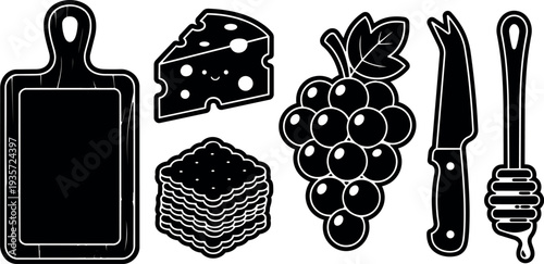 Bold outline vector close up cutting board cheese crackers grapes knife and honey dipper arranged top view with vintage wood