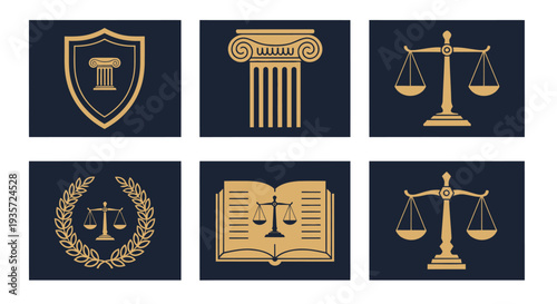 Law and Justice Icons: Scales, Shield, Column, Book, Laurel Wreath