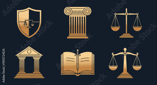 Golden Law and Justice Icons: Scales, Shield, Column, Court, Sword in Book