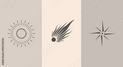 Minimalist Icons: Sunburst, Meteor, Compass Rose on Neutral Background