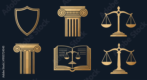 Law and Justice Icons: Scales, Column, Shield, Open Book - Gold on Dark Blue