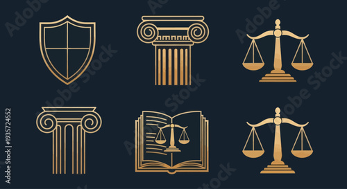 Law and Justice Icons: Scales, Pillars, Shield, Open Book