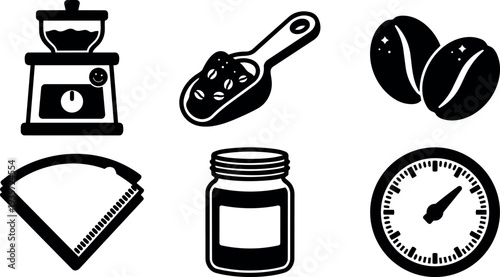 Minimalist coffee icon set close up grinder scoop beans filter jar and analog scale in flat vector art black silhouette