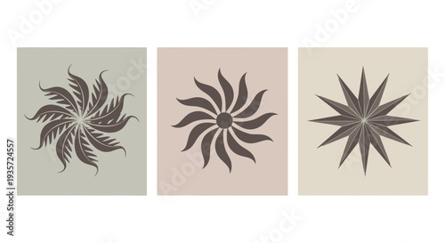 Triptych of Abstract Floral and Starburst Motifs in Earth Tones