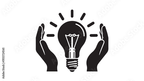 Minimalist Vector Illustration of Hands Protecting a Glowing Light Bulb Symbolizing Creative Ideas Innovation and Intellectual Property
