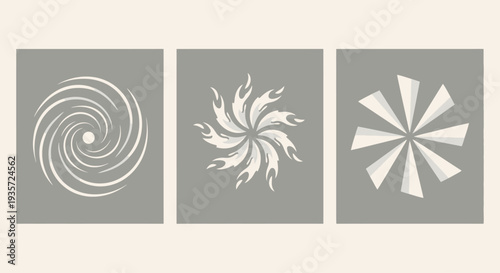 Three abstract circular designs: vortex, fire, and fan shapes on gray backgrounds