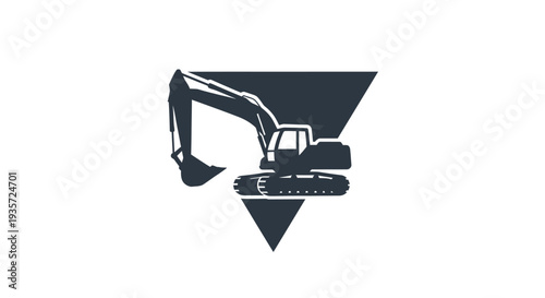 Excavator Machine Icon on Geometric Background, Construction Equipment Silhouette