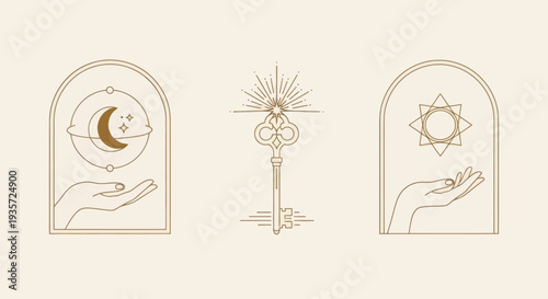 Esoteric Symbols: Moon, Key, Sun with Hands, Minimalist Line Art, Boho Style