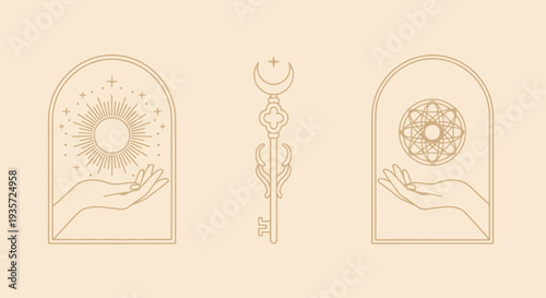 Esoteric Symbols: Sun, Moon Key, Sacred Geometry in Hands