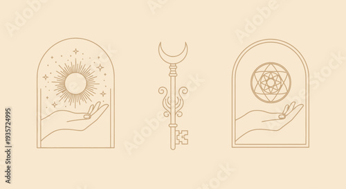 Mystic hands holding sun, moon key, and sacred geometry
