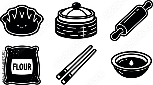 Line art vector icon set showing cute dumpling in steamer with rolling pin flour bag chopsticks and dipping sauce kitchen