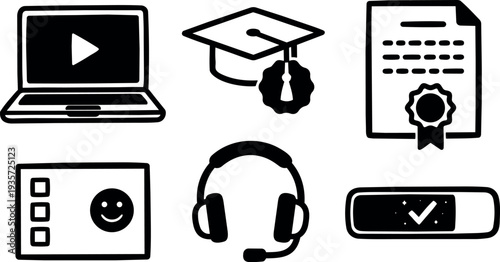 Flat design online learning icons set laptop play graduation cap certificate survey headset checkbox for e learning platforms education vector