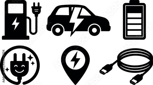 Flat design close up electric car charging icons set showing plug charger battery cable location marker smiling plug black silhouette