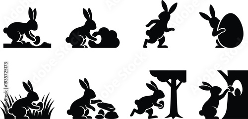 Various playful rabbit silhouettes engaging with nature and Easter eggs in a vector illustration style