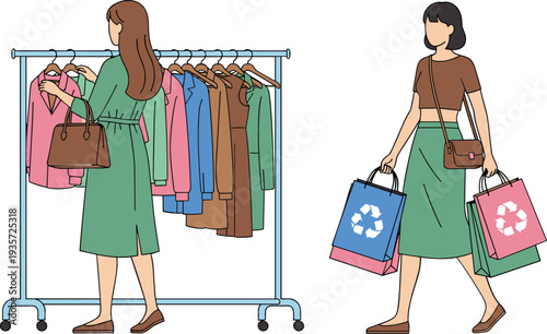 Sustainable fashion illustration showing woman browsing clothing rack and conscious shopper with eco-friendly recycling shopping bags for retail