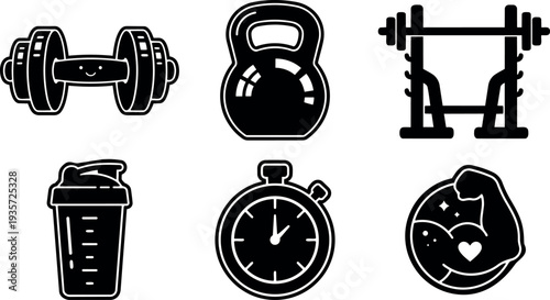 Flat design close up fitness icons set showing dumbbell kettlebell barbell shaker stopwatch and flexed arm badge in bold contrast