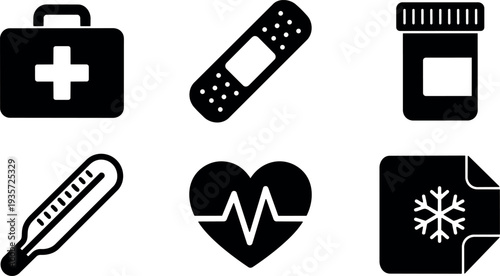 Flat design medical icon set close up six health symbols in black minimalist layout with centered composition and clear spacing
