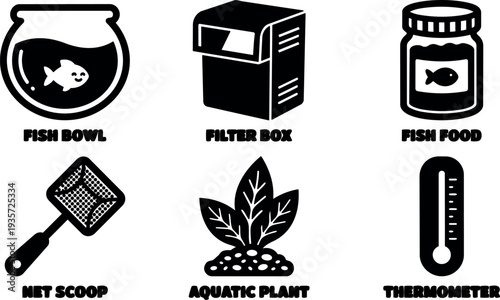 Flat design black aquarium icons set six items fish bowl filter box fish food net scoop aquatic plant thermometer overview