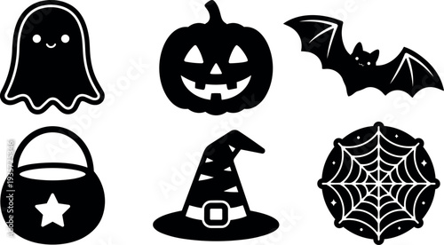Flat silhouette halloween icon set including smiling ghost pumpkin bat witch hat candy bucket and spider web cute black vector