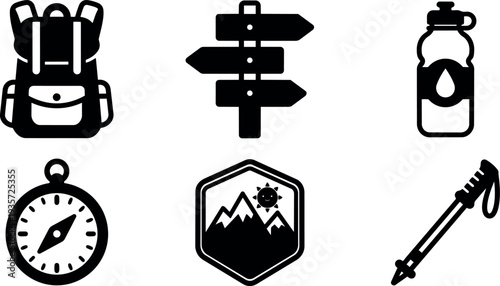 Flat design hiking icon set backpack compass signpost water bottle trekking pole mountain badge simple black vector illustrations line art