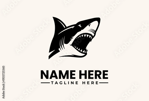 A black and white vector illustration of a shark's head with an open mouth, accompanied by placeholder text for a name and tagline on a beige background.