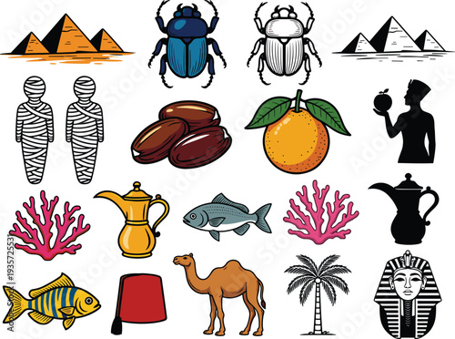 Comprehensive vector collection of ancient Egyptian symbols featuring pyramids, mummies, pharaoh masks, camels, palm trees, scarab beetles, and traditional cultural icons in detailed colorful styles.