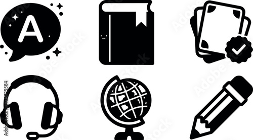 Flat icon set education speech bubble letter a book cards headset globe pencil simple bold vector design isolated black white