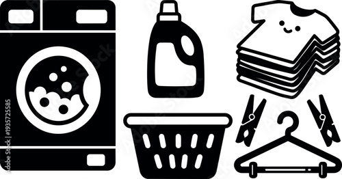 Flat design close up washing machine detergent basket folded shirts clothespins hanger laundry icons black silhouette set front view minimal