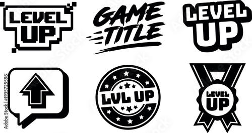 Pixel and brush script vector badge set featuring six level up icons speech arrow medal round stamp bold sticker clean
