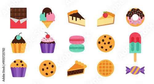 Assorted sweets and desserts on white background