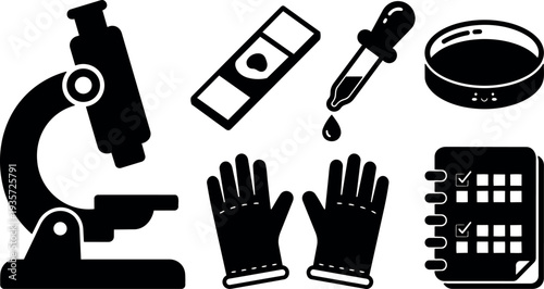 Flat design laboratory icon set microscope pipette petri dish gloves test strip checklist notebook top view simple silhouette black clean