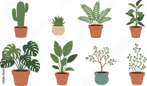 Indoor Potted Houseplants Collection with Monstera Cactus Fern and Decorative Tropical Green Plants Flat Vector Illustration Set.
