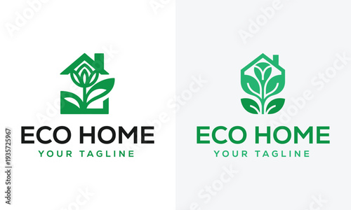 Two variations of an eco friendly home logo featuring a green leaf and house shape combination high quality