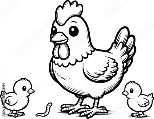 Hen with chicks cartoon vector illustration, farm animal drawing, mother bird with offspring, worm interaction, nature sketch, educational artwork, countryside scene