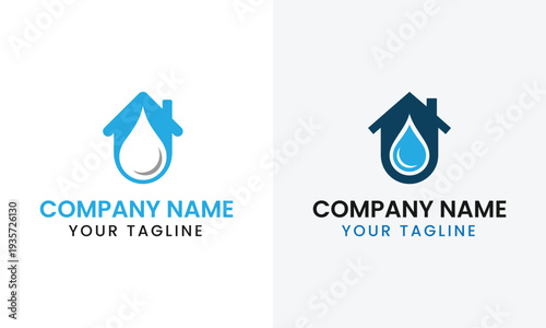 A pair of modern logo designs featuring a house shape incorporating a water droplet element high quality professional