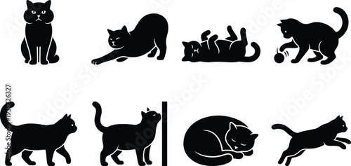 Illustration of various playful cat poses in a minimalist black silhouette style