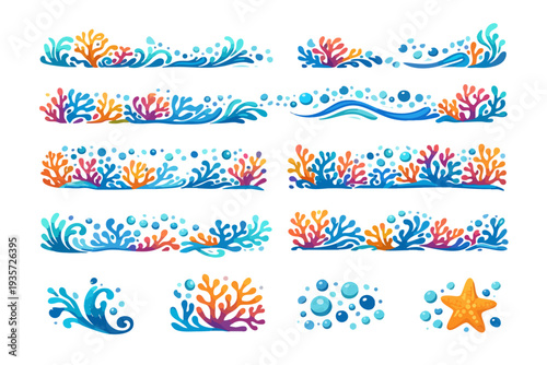 Collection of coral reef border patterns featuring colorful corals, seaweed, starfish and tropical underwater marine elements for summer ocean-themed designs