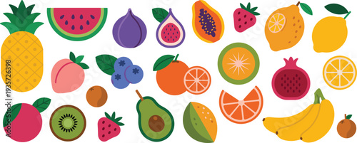 Colorful tropical fruit collection illustration set including pineapple, watermelon, papaya, avocado, banana, citrus, berries and kiwi isolated on white background