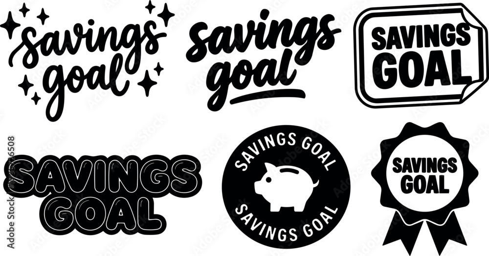 Fototapeta premium Flat design script savings goal logo set with piggy bank badge ribbon emblems monochrome close up vector icons