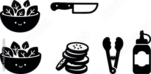 Flat design cute salad bowl icon set with smiling bowls cucumber slices kitchen knife tongs and sauce bottle close up