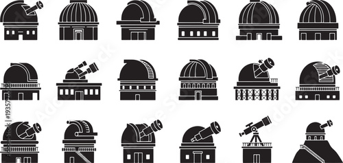 Collection of observatory icons featuring various telescope and dome illustrations from different viewpoints
