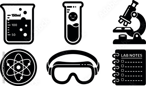 Minimalist flat design laboratory icons beaker test tube microscope atom goggles and lab notebook set in black vector isolated bold