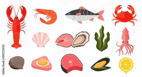 Assortment of seafood icons and elements
