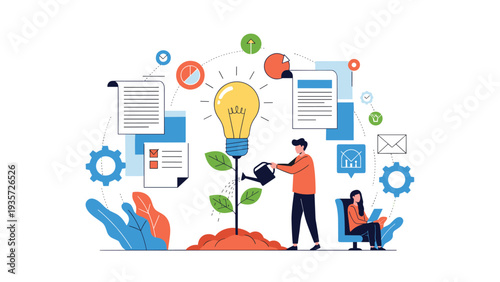 Innovation and business growth strategy where a professional waters an idea plant to cultivate success and creative results.